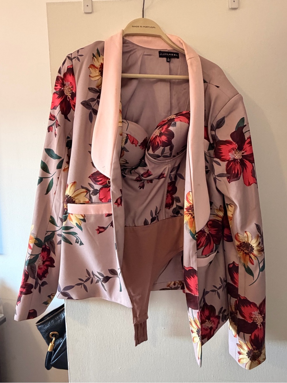 Floral Satin Blazer with Matching Bodysuit - Pink Floral - JLUX Label
